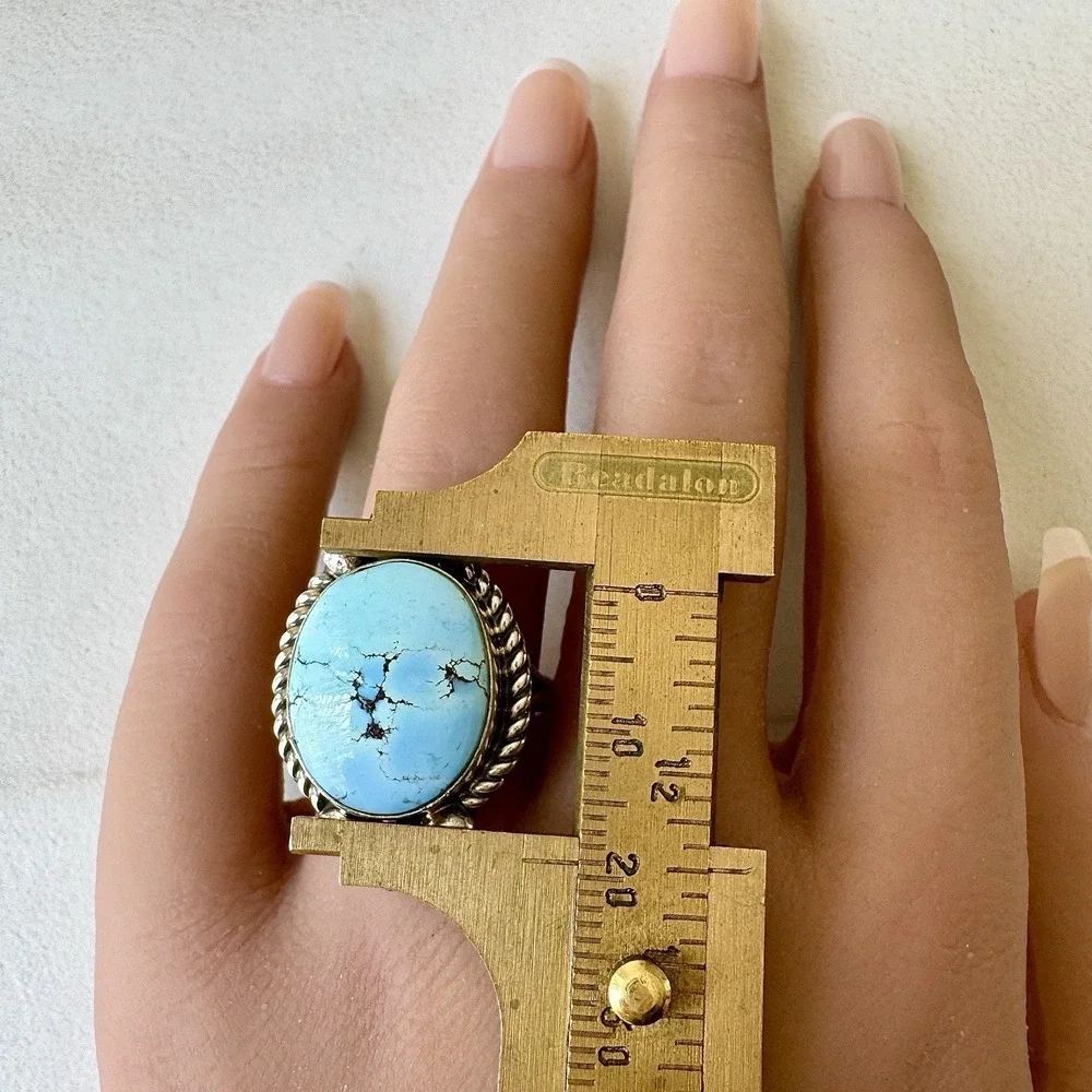 Navajo Blue Golden Hils Turquoise Ring Size 9 Signed Shakey Sterling Native Amer